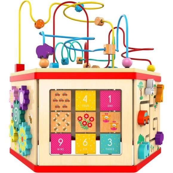 Wooden Activity Cube for Toddlers 1-3 Bead Maze for Babies